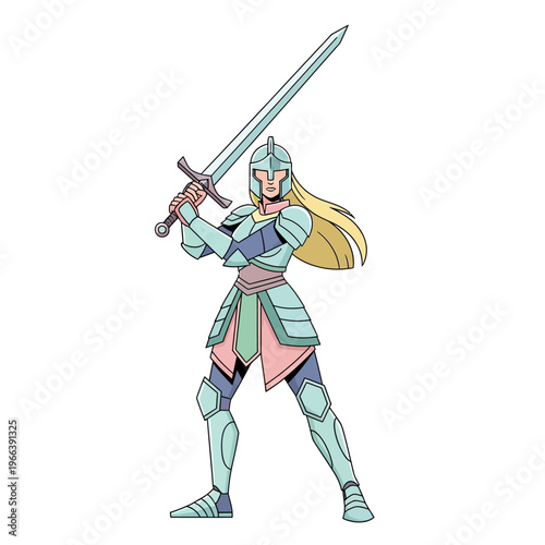 Female warrior in armor with sword, fantasy illustration, strong woman, medieval knight