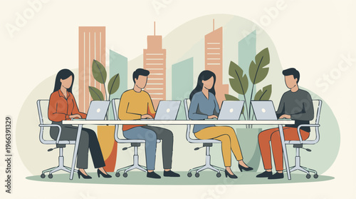 Business team working on laptops in a modern office, collaboration concept