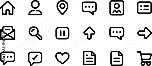 Minimalist black and white line art icon set with home, user, location, chat, mail, search, media, and shopping symbols modern vector