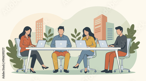 Diverse Business Team Working on Laptops at Office Desk, Professional Collaboration