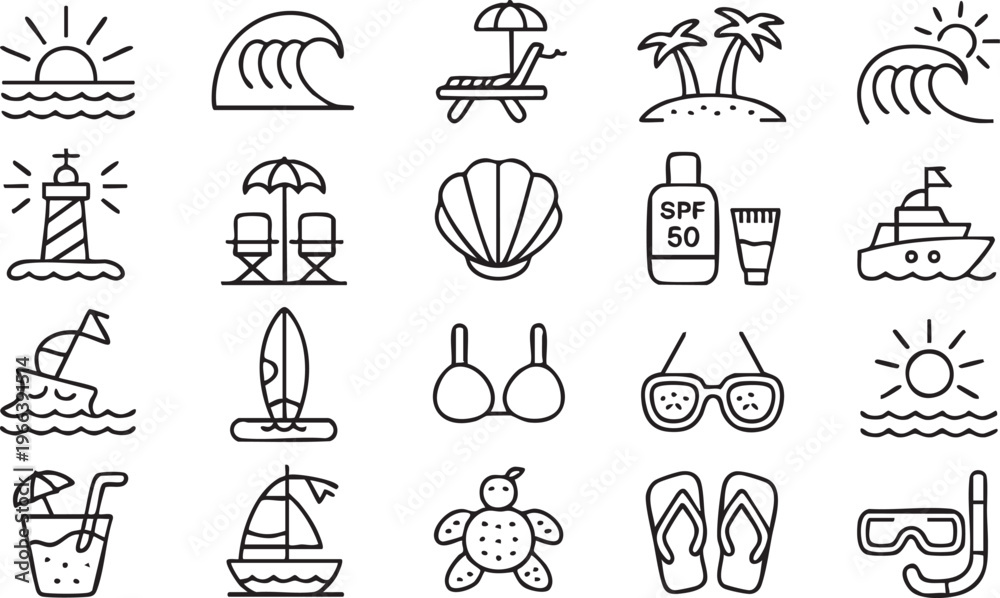 Fototapeta premium Summer Beach Icons Set With Vacation Travel And Sea Symbols