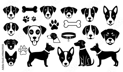 A set of black and white dog icons and illustrations