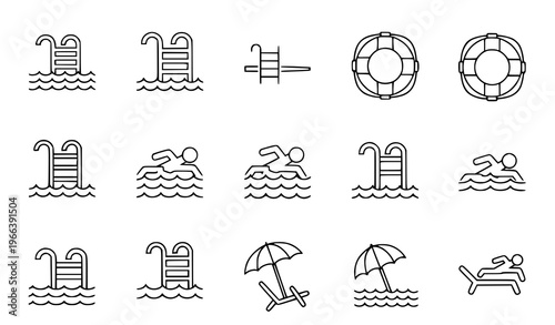 A set of minimalist line art icons depicting swimming pool and beach elements