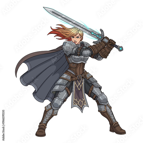 Female Warrior Knight with Glowing Sword, Fantasy Armor, Epic Heroine Battle Pose