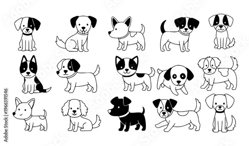A collection of cute dog illustrations in a minimalist line art style