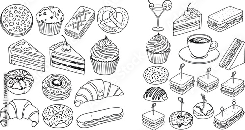 Dessert and Bakery Illustration Set with Cakes, Cupcakes, Donuts, Coffee, Sandwiches, and Sweets for Culinary, Bakery, and Food Designs