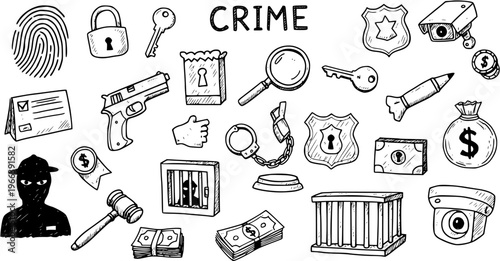 Hand-drawn crime and justice icons set. Vector doodle collection of law, investigation, and police elements like fingerprints, guns, money, and handcuffs.