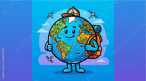 Cartoon Earth Character Holding Globe.