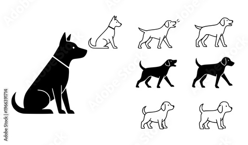 A set of dog silhouettes and illustrations in various poses and styles