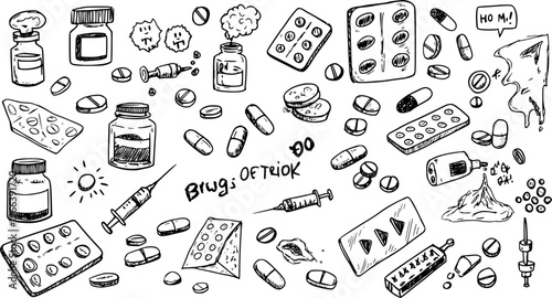 Hand-drawn doodle collection of drugs and medical items, including pills, syringes, bottles, blister packs, and abstract addiction-related symbols.