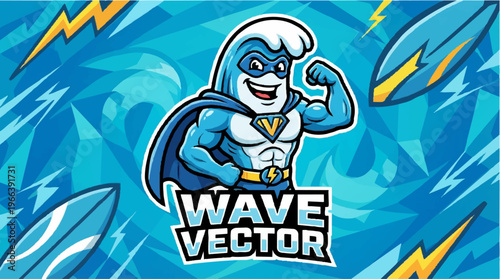 Cartoon superhero wave vector logo.