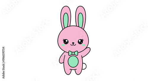 Cute pink cartoon bunny character with bow.