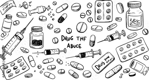 Hand-drawn illustration of drug abuse elements: pills, syringes, bottles, capsules, symbolizing addiction and danger.