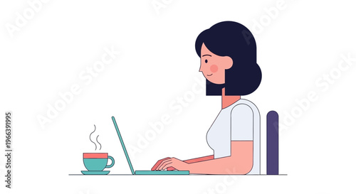 Woman Working on Laptop with Coffee.