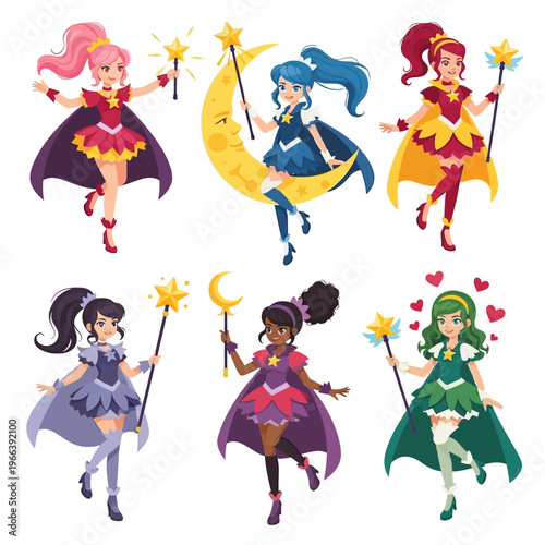 Magical Girls Group: Fairies, Witches, and Sorceresses with Wands and Stars