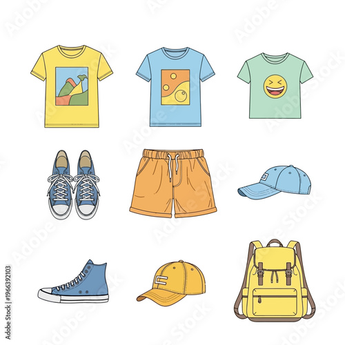 Cute kids casual outfit set with graphic t shirts, orange shorts, sneakers, baseball caps and yellow backpack flat illustration