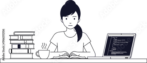 Student studying with books and laptop vector illustration, focused learning and coding concept for education, academic productivity and home study design
