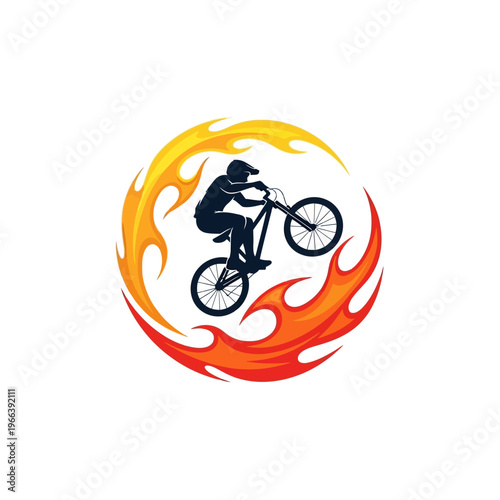 BMX Rider Silhouette Performing Extreme Stunt Inside Fiery Circle
