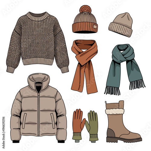 Winter clothing outfit set with knitted sweater, puffer jacket, beanies, scarves, gloves and warm boots flat illustration