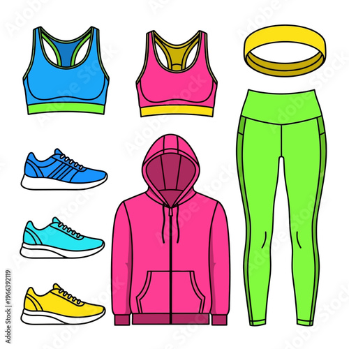 Colorful fitness outfit set with sports bras, pink hoodie, green leggings, sneakers and headband flat illustration
