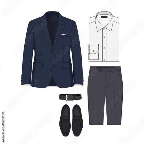 Formal mens business outfit set with navy blazer, white dress shirt, tailored trousers, black belt and loafers flat illustration