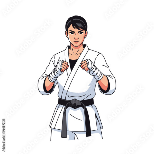 Martial Arts Woman Ready to Fight in Karate Gi with Black Belt and Hand Wraps