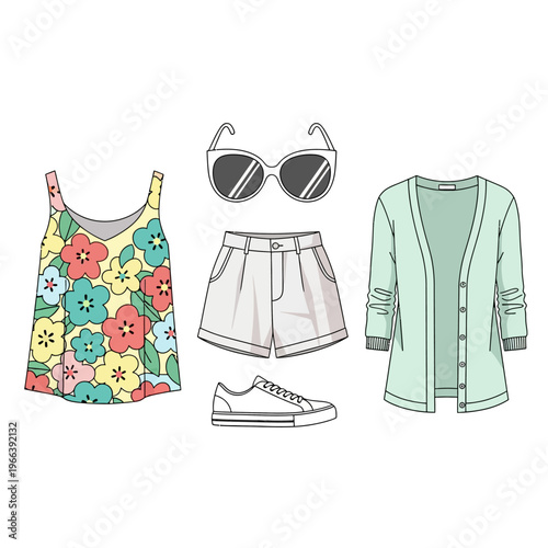 Casual spring summer outfit set with floral sleeveless top, white shorts, mint cardigan, sunglasses and sneakers flat illustration