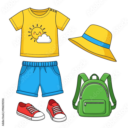 Cute kids summer outfit set with yellow sun print t shirt, blue shorts, sun hat, red sneakers and green backpack flat illustration