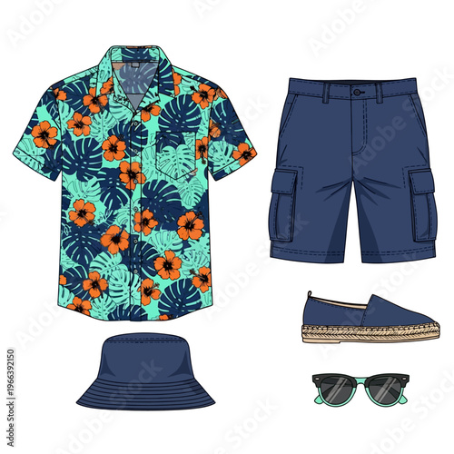 Tropical summer mens outfit set with floral Hawaiian shirt, navy cargo shorts, espadrille shoes, bucket hat and sunglasses flat illustration