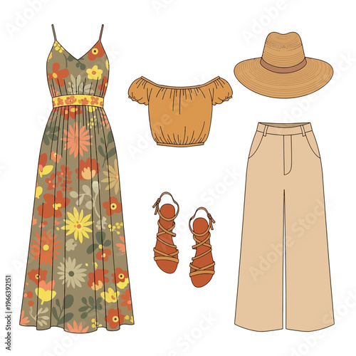 Boho summer fashion outfit set with floral maxi dress, off shoulder blouse, beige wide leg pants, straw hat and sandals flat illustration