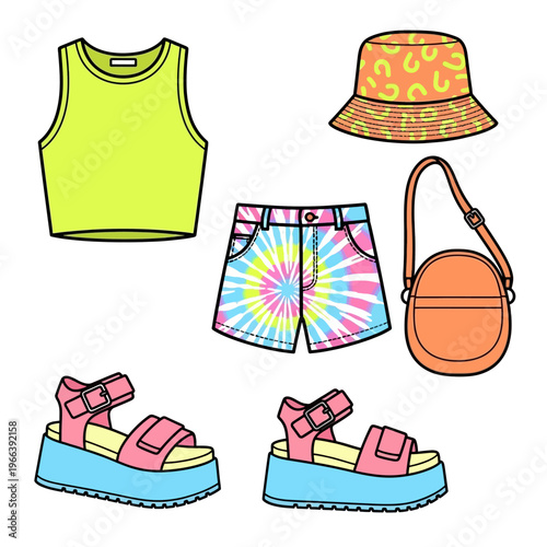 Colorful summer fashion outfit set with neon crop top, tie dye shorts, patterned bucket hat, crossbody bag and platform sandals flat illustration