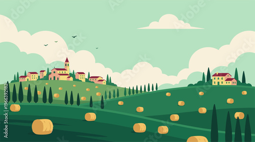 Tuscan landscape vector illustration with village, rolling hills, and hay bales