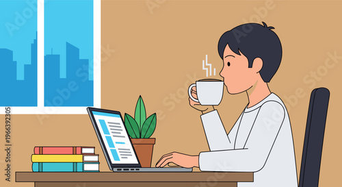 Man drinking coffee while working on laptop vector illustration, home office workspace concept for remote work, productivity and modern lifestyle design