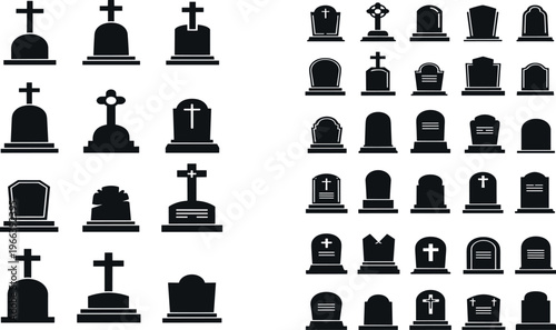 Gravestones and Cemetery Icons Set Featuring Crosses, Tombstones, and Memorial Designs