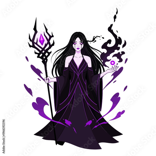 Mysterious sorceress with dark magic and glowing staff, fantasy character art