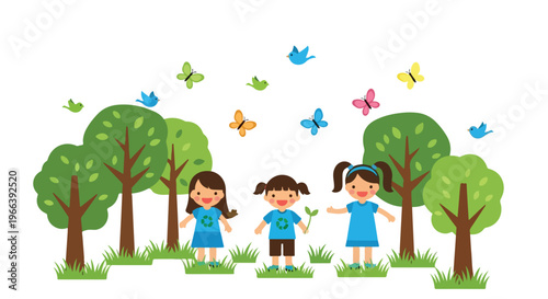 Three young girls wearing blue recycling shirts stand happily in a vibrant forest surrounded by green trees, colorful birds, and butterflies.