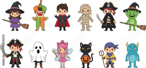 Halloween Costume Characters Illustration Set with Kids Dressed as Pirates, Ghosts, Witches, and More for Party, Celebration, and Holiday Designs