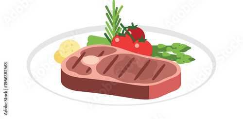 Grilled steak vector illustration with vegetables and herbs on plate, gourmet meat dish design for restaurant menu, culinary and food branding