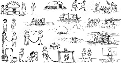 Black and White Illustrations: History of Slavery and Enslavement - Depicting Capture, Transatlantic Journey, Forced Labor, Trade, and Life in Bondage for African People