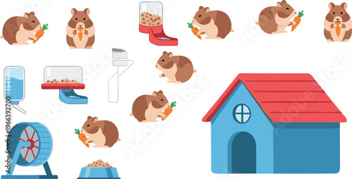Hamsters with food, wheel, water bottle, house, and accessories in playful vector illustration
