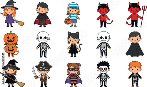 Halloween Kids Costume Illustration Set with Various Spooky Characters Including Witches, Devils, Skeletons, and Pirates for Festive Celebrations
