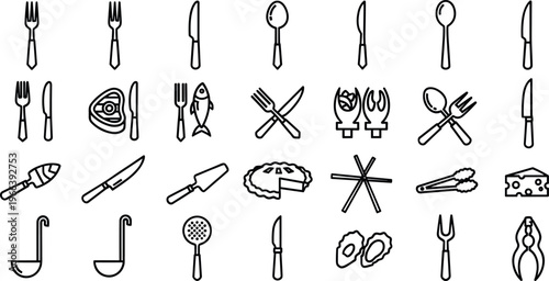 Kitchen and seafood outline icon set with utensils fish and cooking tools in minimalist line vector style