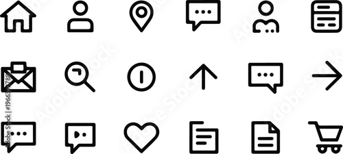 Minimalist black and white line art icon set with home, user, location, chat, mail, search, media, and shopping symbols modern vector