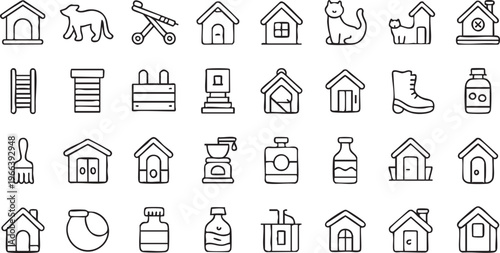 Pet Care Icons Set With Dog House And Veterinary Symbols