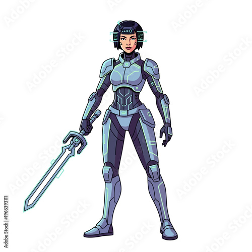 Pixel Art Sci-Fi Warrior Woman in Futuristic Armor with Energy Sword