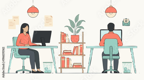 Business professionals working on computers in a modern office illustration