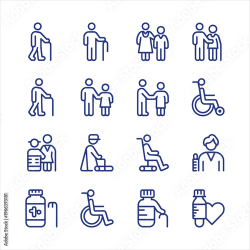  Elderly line editable icon set. featuring icons of various old, senior, Pensioner, grandparents, caregiver, health care, and more. Editable stroke. Vector illustration