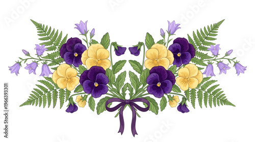 Elegant symmetrical floral bouquet with purple and yellow pansies, blue bellflowers, green fern leaves and a decorative ribbon bow isolated on white, ideal for wedding, greeting and prints