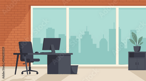 Modern office workspace with city skyline view and minimalist design