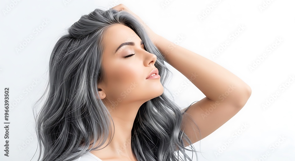 Obraz premium Fresh and beautiful. Portrait of beautiful young woman with closed eyes and holding hand on her long gray hair while standing against white background